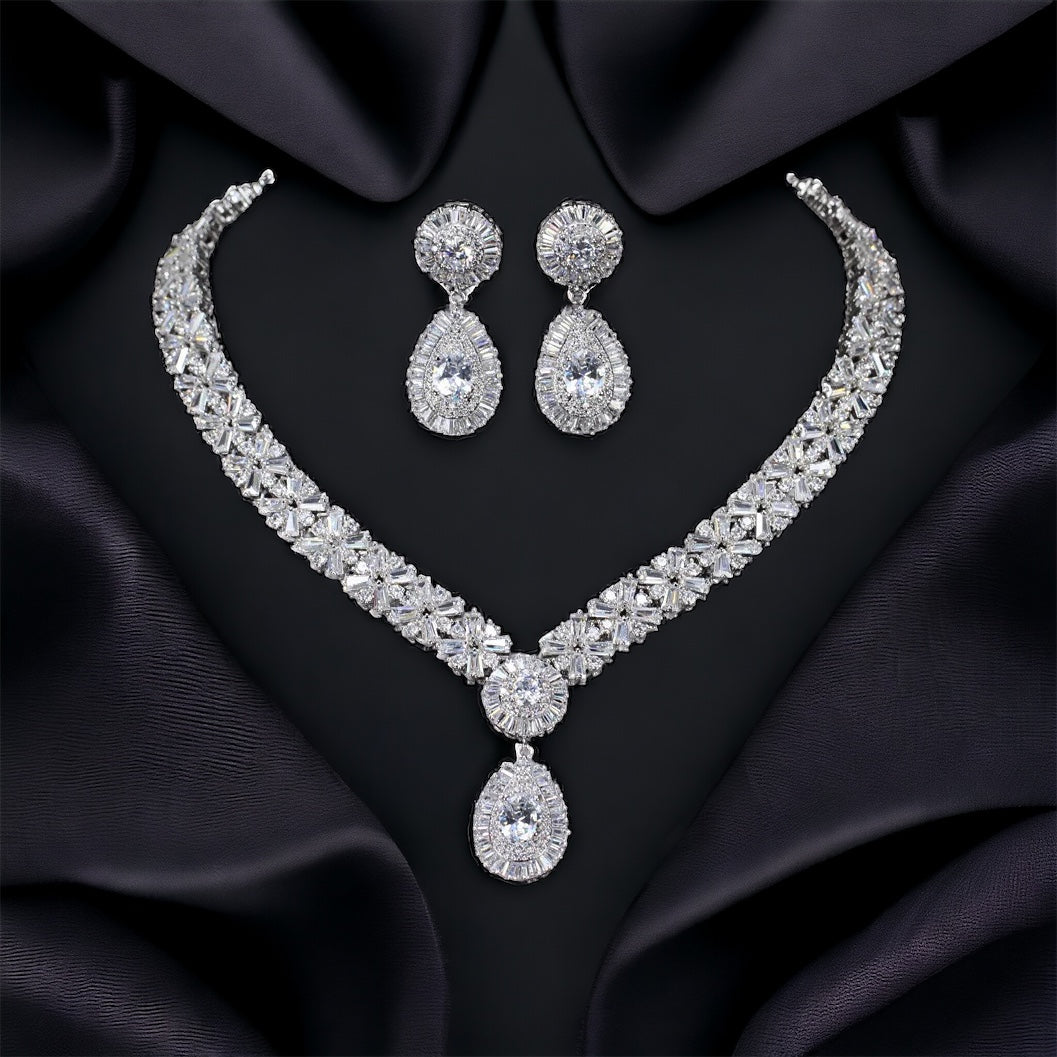 Crystal Bridal Set, Bridal Jewelry Set, White Gold Necklace