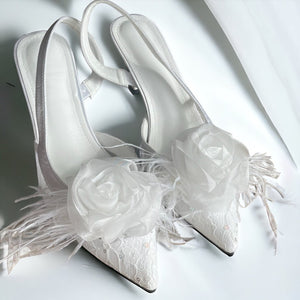 Organza Rose Fabric Flower Feather Shoes Clips, Handmade Decor 