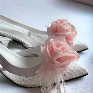 Organza Rose Fabric Flower Feather Shoes Clips, Handmade Decor - White